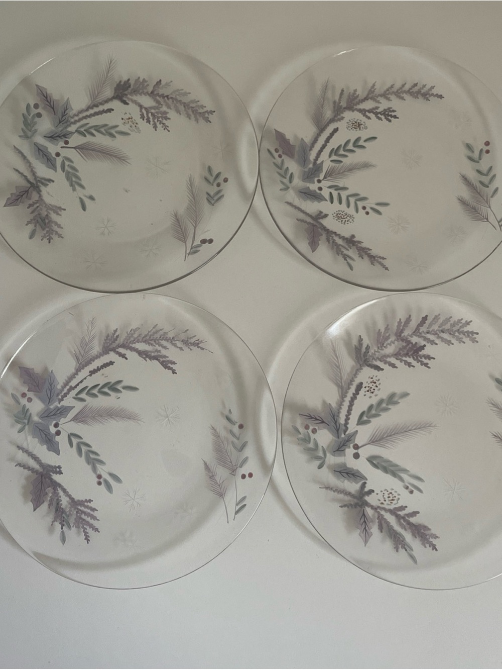 Vintage Pfaltzgraff Winter frost glass dessert plate etc herd hand painted 4 pc